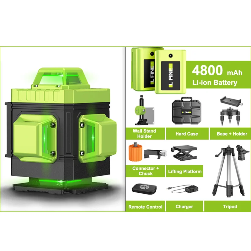Высокоточный зеленый луч RC 16 линия 4D 360 ° вращающийся лазерный уровень с штативом для Измерителя Уровня Духа