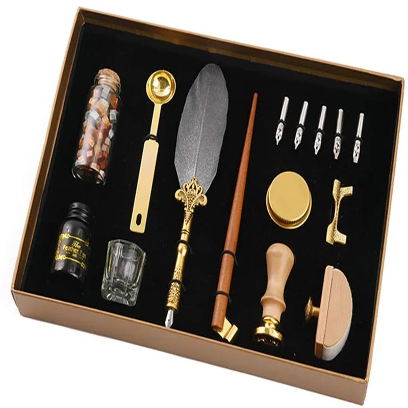 Sprinkle Gold Luxury Vintage Feather Quill Dip Calligraphy Fountain Pen Writing Ink 5 Nibs Set Stationery Birthday Gift Box
