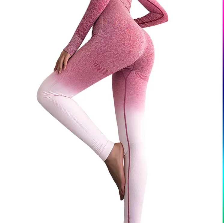 New style color gradual leggings seamless high waist yoga pants custom jacquard sport leggins for women