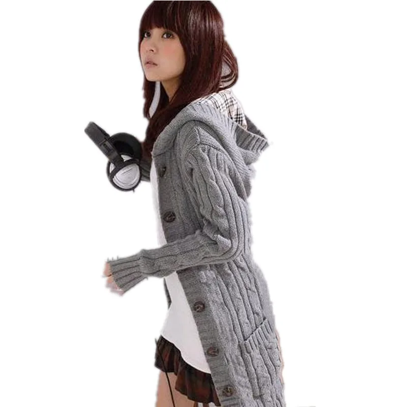 Oem Wholesale Korean Winter Sweaters  Coat Long Belted Hooded Cardigan For Women