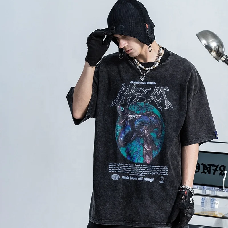 230 250 300 GSM Heavy Cotton Streetwear Graphic Vintage Acid Wash Oversized T shirt Men