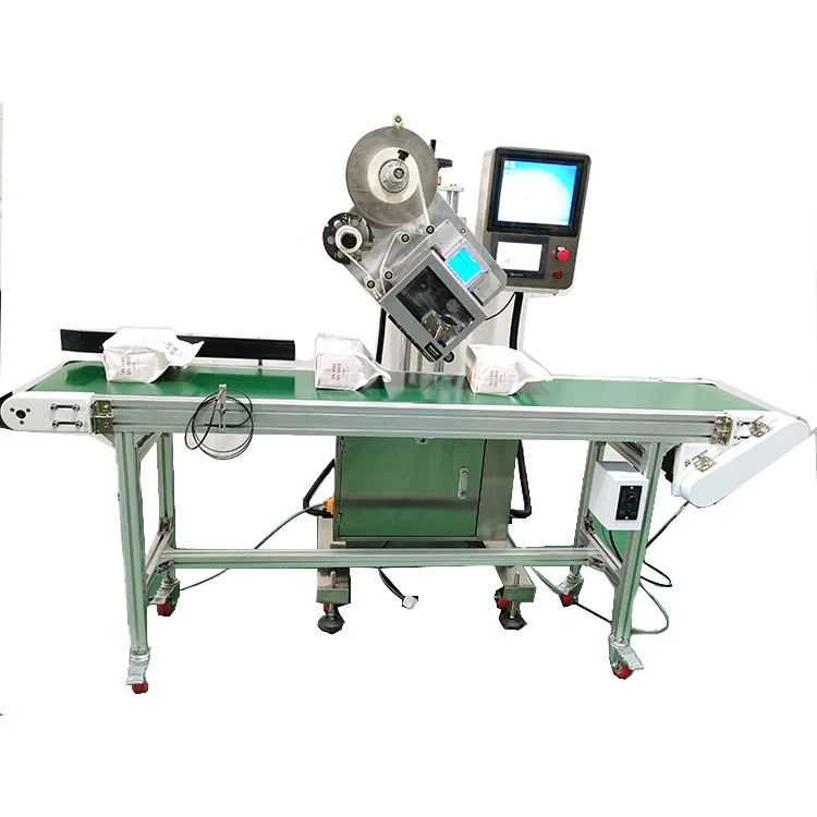 YM210P Automatic online flat top side Zebra printing labeling machine for bag pouch carton