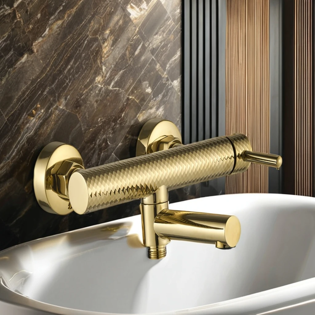 Single-Handle Wall-Mounted Brass Gold Bath Shower Faucet Hotels Schools Apartments Soft Rain Spray Pattern Ceramic Valve Core