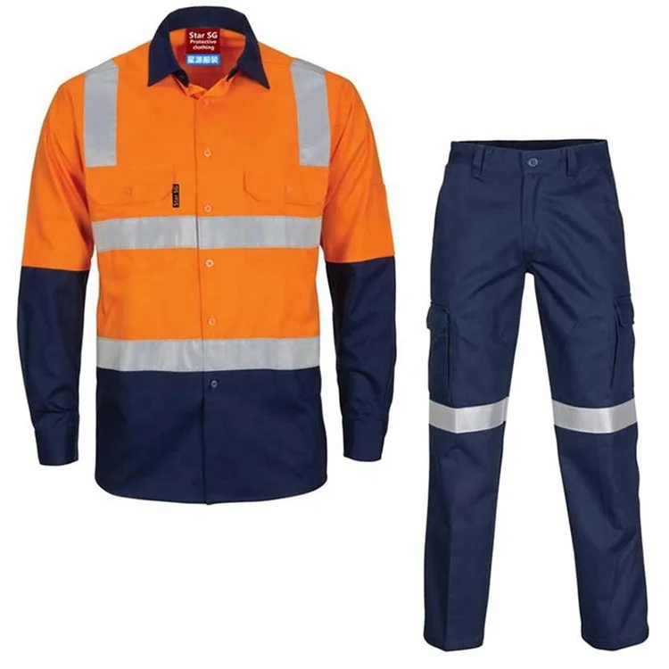 Custom Men Industrial Security Workwear Shirts Long Sleeve Hi Vis Cotton Construction Reflective Safety Works Shirt