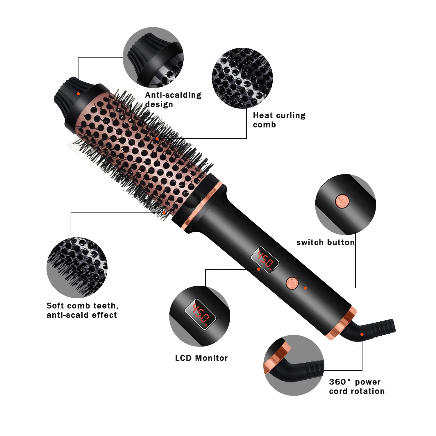 450F Thermal Brush Hot Comb Heated Hair Brush Hair Curler and Straightening Brush with Negative Iron