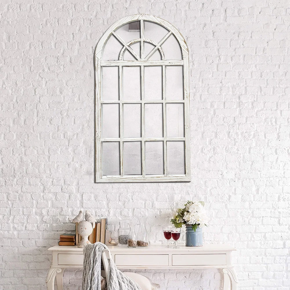 Luckywind Rustic Farmhouse Distressed White Wood Window Mirror, Vintage Decorative Arched Window Frame Wall Mounted Mirror