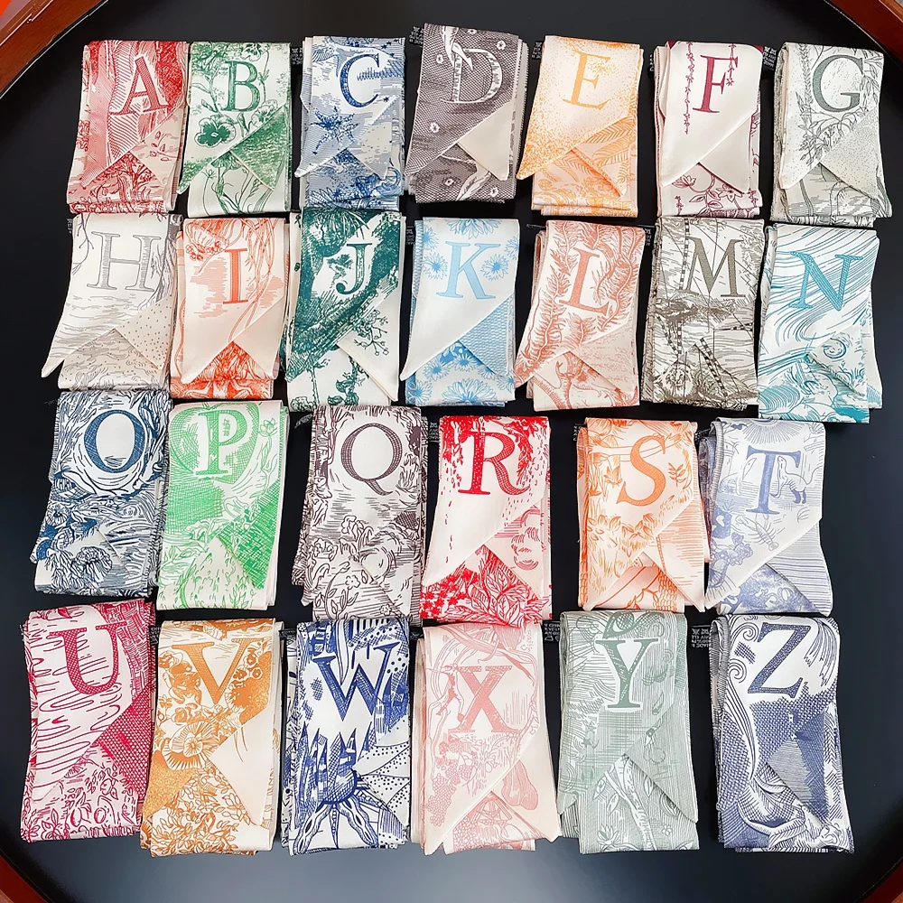 2021 New 26 English Letters Tarot Characters Twill  Bag Narrow Silk Scarf Lady Hair Scarfs