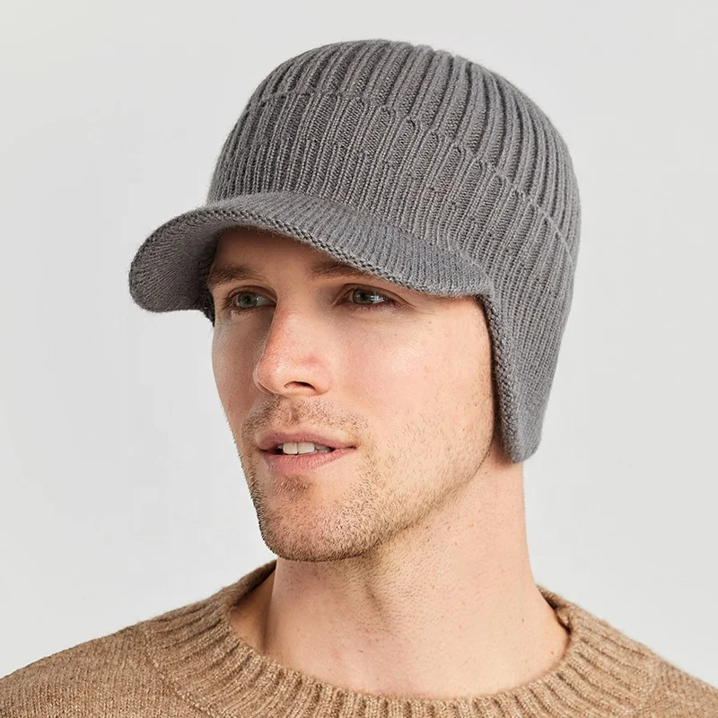 High Quality Solid Winter Thermal Knitted Hats Mens Fleece Lined Beanie with Brim Ear Flaps
