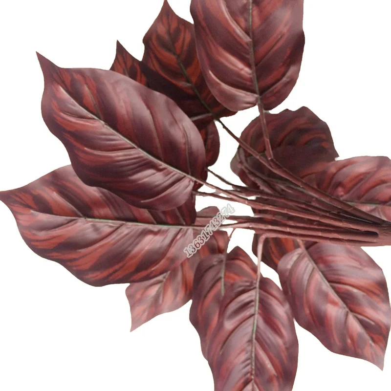 Factory wholesale cheap red Calathea fake plant artificial leaves for pot decoration