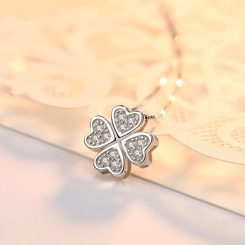 Nabest Good Lucky Fine Jewelry Chokers 925 Sterling Silver Pave Zirconia Four Leaf Clover Pendant Necklaces