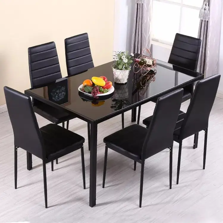 Dinning Table Set Free Sample Classic 4/6 Seat Modern Fiber Square Glass Top Metal Leg And Upholstered PU Chair Dining Table Set