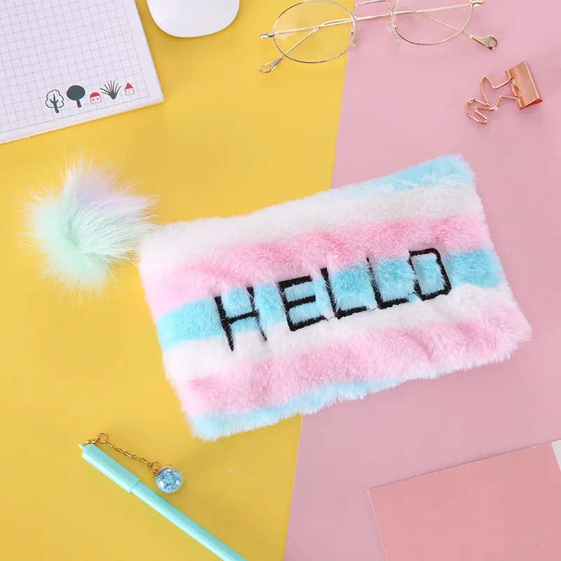 Милый большой плюшевый пенал с меховым помпоном, пенал для девочек, плюшевый пенал, кавайная сумка для макияжа, школьные принадлежности, канцелярские принадлежности