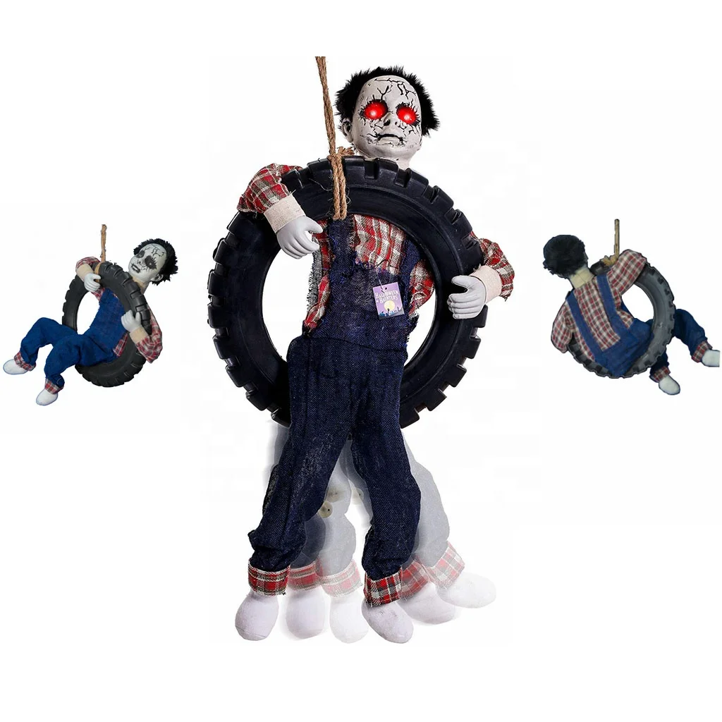 Halloween Hanging Ghost Dolls in Tire Voice Control animated Kicking Ghost Scary with Glowing Eyes Party Home Decoration