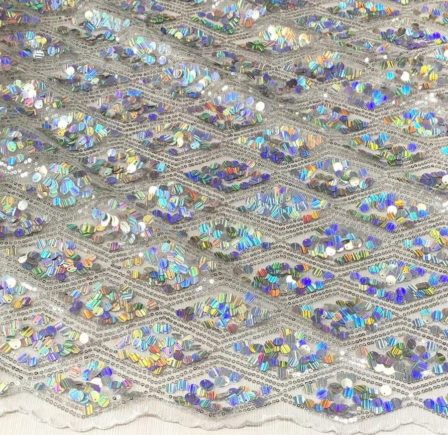 high quality silver all over two tone 3mm+9mm sequin tulle lace fabric wholesale stock for dress or clothing