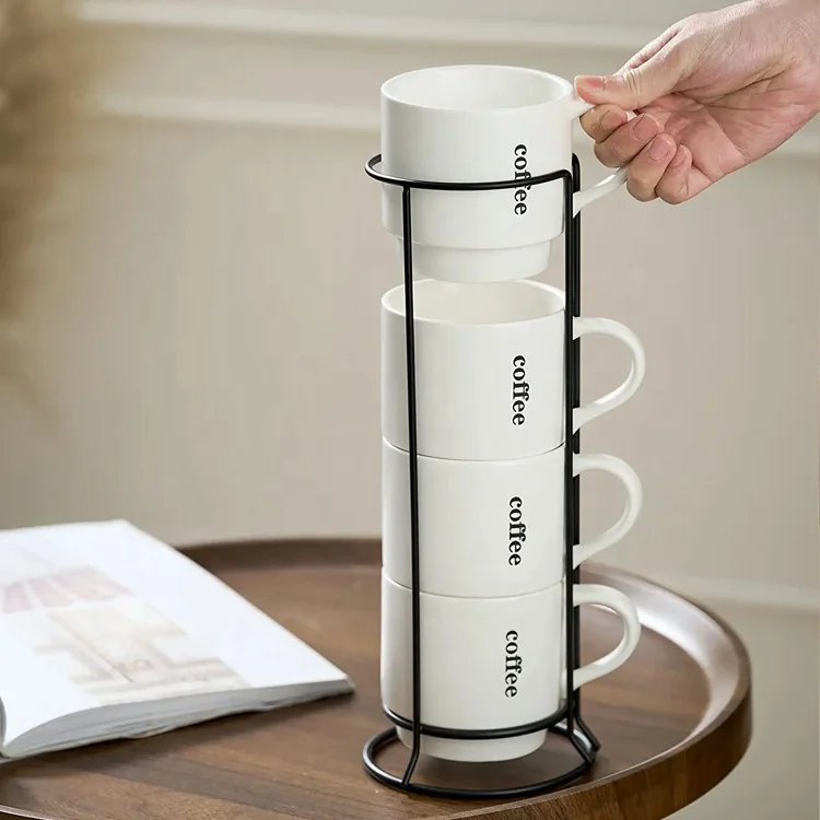 TAOXIN 15 Ounce Stackable Coffee Mugs with Rack Large Coffee Cup Ceramic Dishwasher Microwave Safe