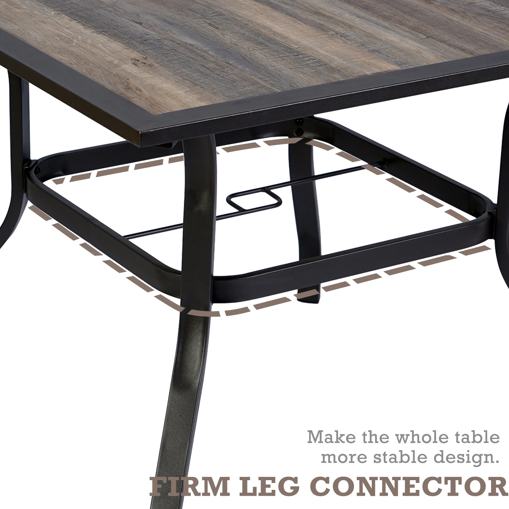 Retro and Fashionable Dining Table Square Steel with Wooden-Like Top and Umbrella Hole Outdoor Furniture