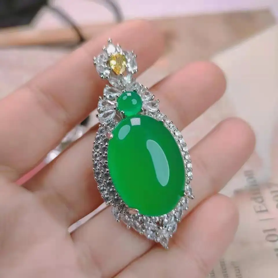 Certified Chalcedony  Chalcedony Necklace S925 Silver Inlaid Chalcedony Large Egg Surface Pendant Jade Sweater Chain