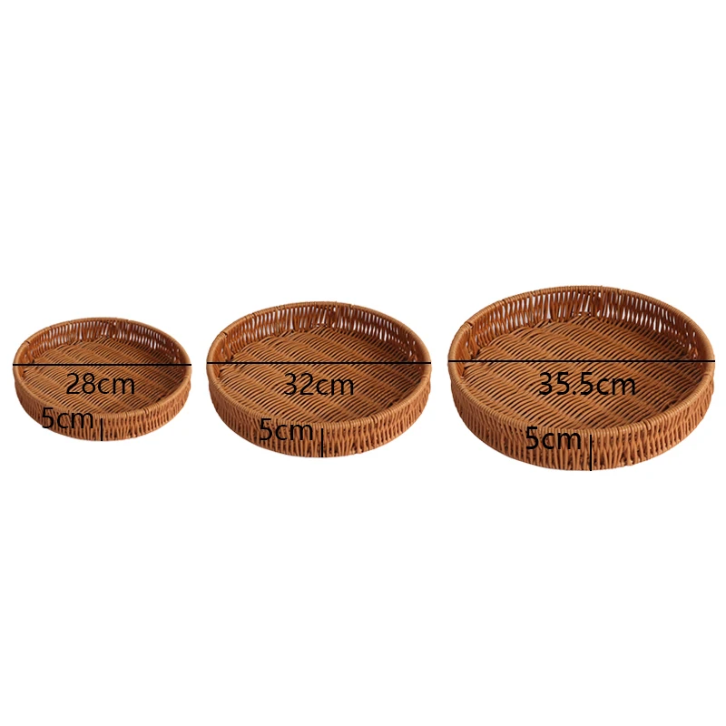 Hot Sale Direct Supplier Household Round Rattan Tray Bread Fruit Hand Storage Wicker Woven Plastic Tray Basket for Food
