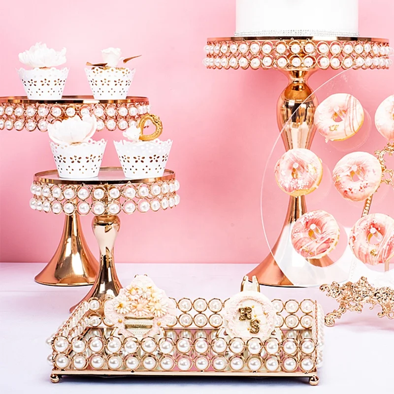 
luxury metal mirror Pearl cake stand set gold silver wedding decorations supplies party Dessert stand topper round Separable 