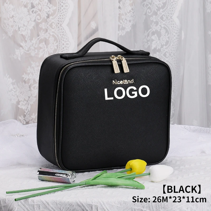 Custom logo large capacity desktop cosmetic bag storage box waterproof PU travel portable makeup bag case with LED light mirror