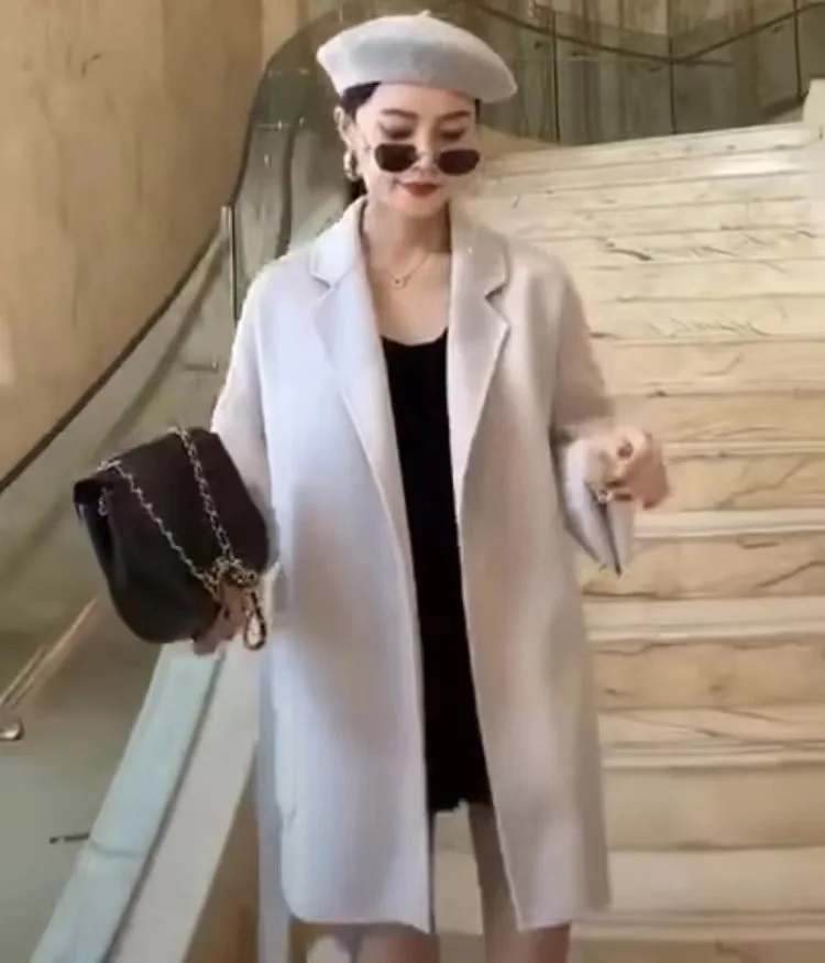 Fashion Turn Down Collar Cashmere Coat Custom Women Belted Long Style Korea Wool Coat