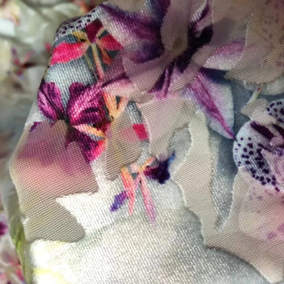 
New fashion polyester spandex floral stretch velvet burnout custom digital print fabric for dancewear dress 