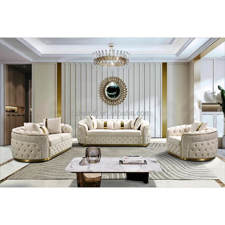 Chainiti Furniture New Design Velvet Luxury Gold Stainless Steel Sofa Button Tufted Upholstered Sofa Set