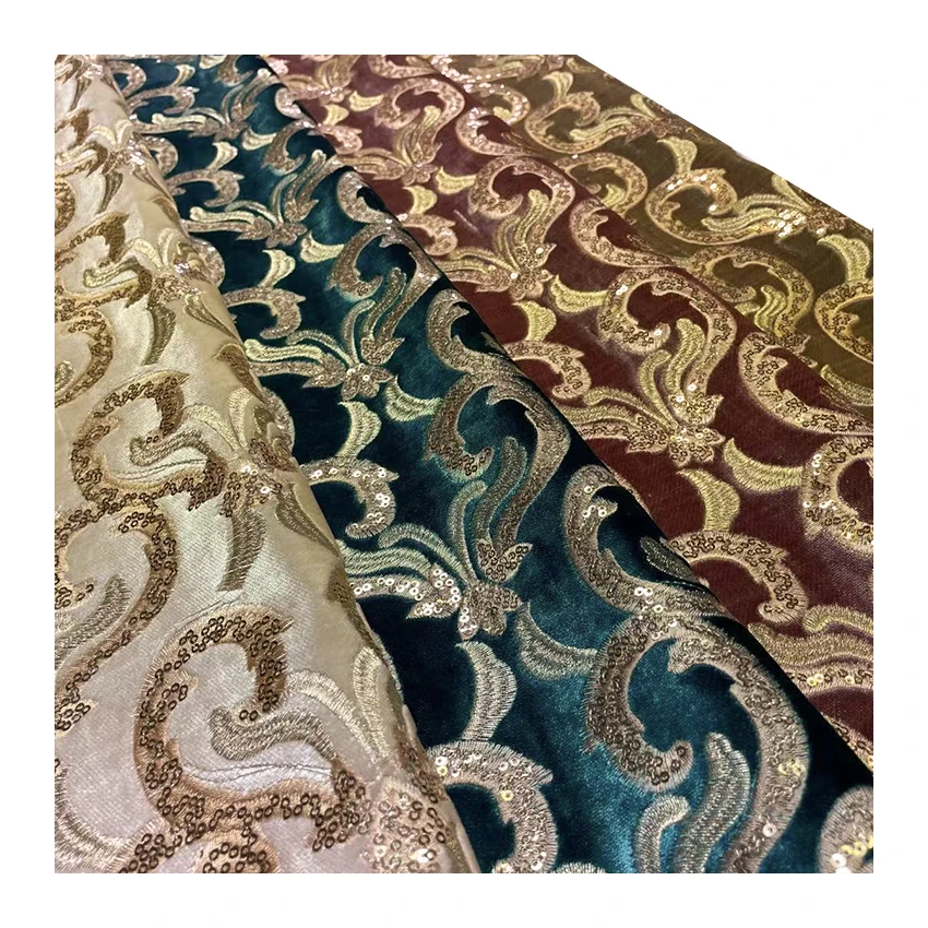 Factory New Textile Quilt Fabric For Curtain Big Heavy Shiny African Style With Sequins Sofa Embroidery Velvet Fabrics