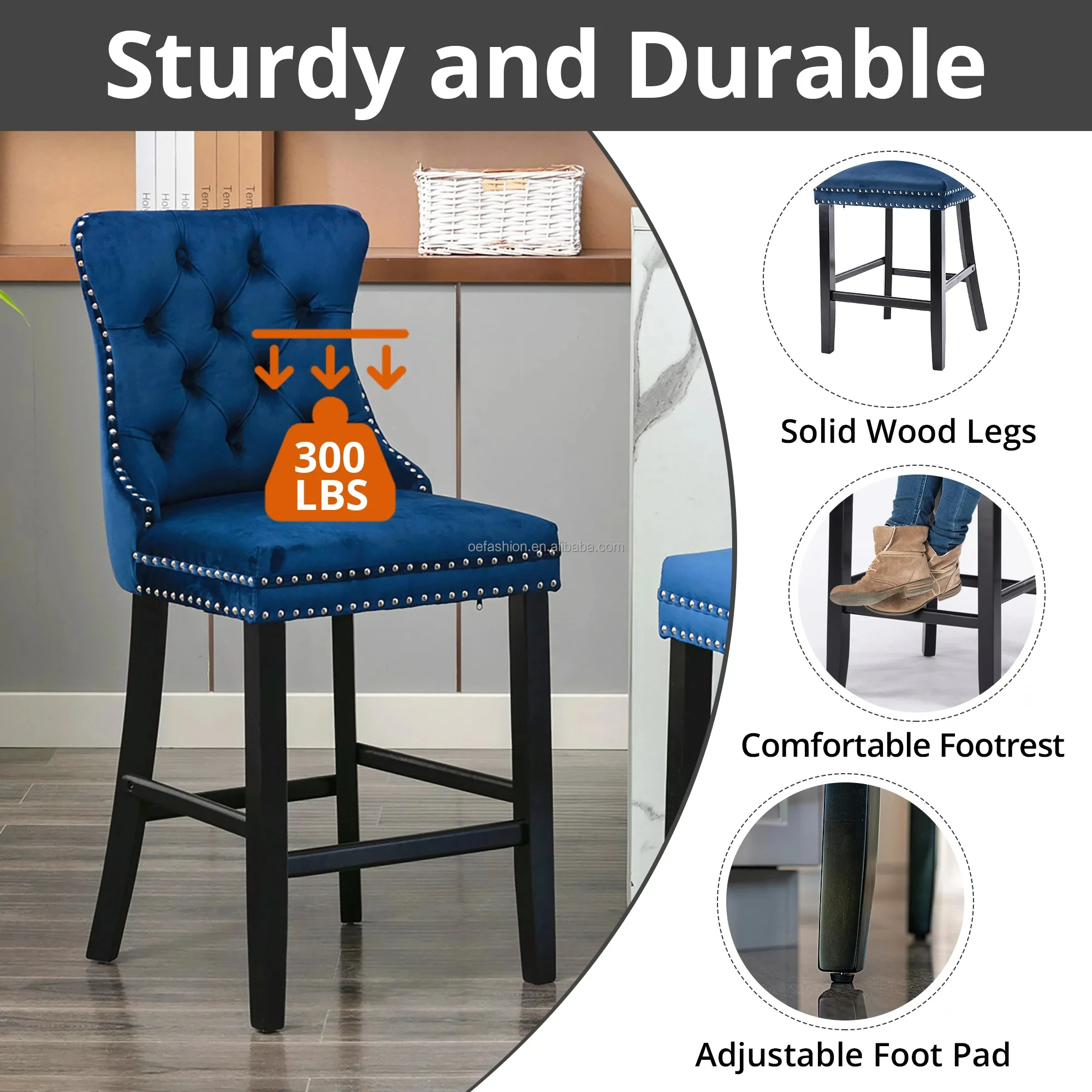 OE-FASHION Wholesale Modern Luxury Blue velvet  High Counter Height  Wooden Bar Stools For Kitchen