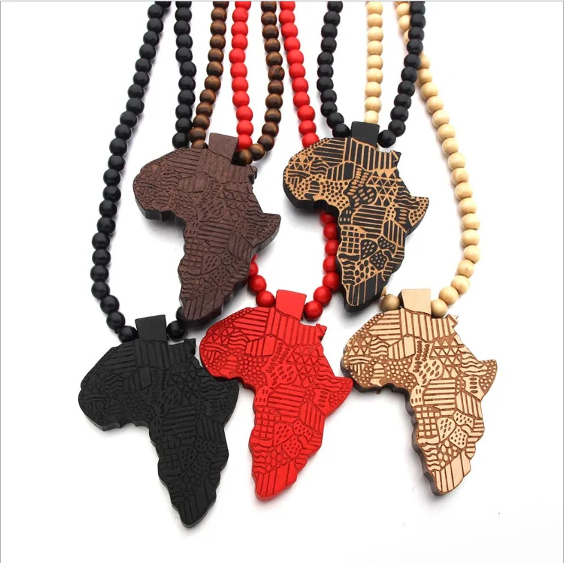 Dropshipping African Map necklace Hot Sale Wood Bead Jewelry Hiphop Necklaces for women men