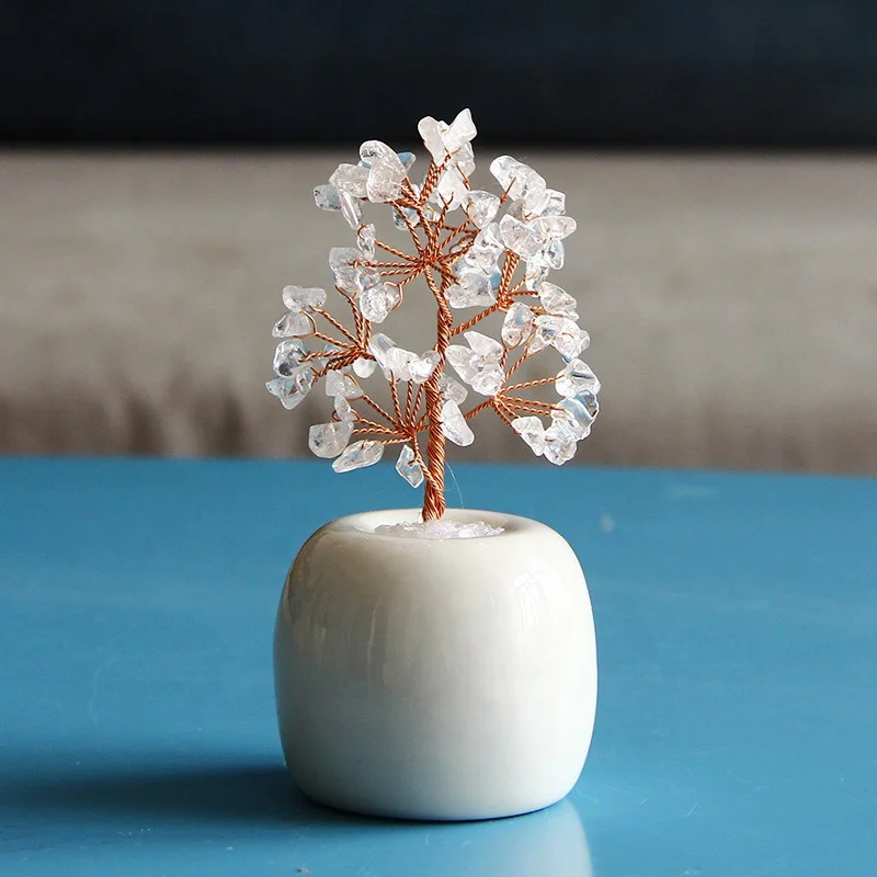 Rose Quartz Gemstone Healing Crystal Money Tree Copper Wire Wrapped on Natural Rose Quartz Base Ornament Feng Shui Luck Figurine