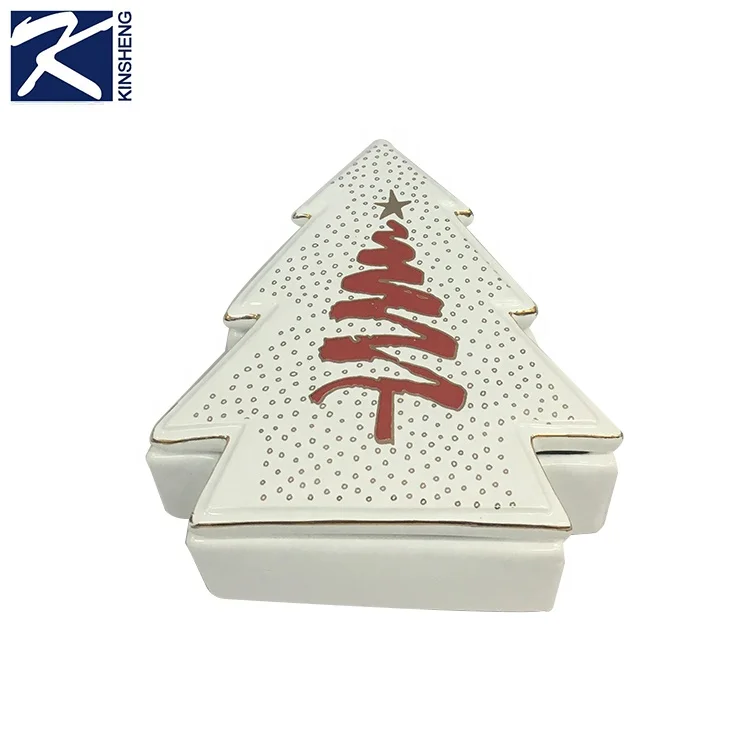 Christmas Tree Pattern White Ceramic Kitchen Decorative Candy Storage Cookie Jar With Lid
