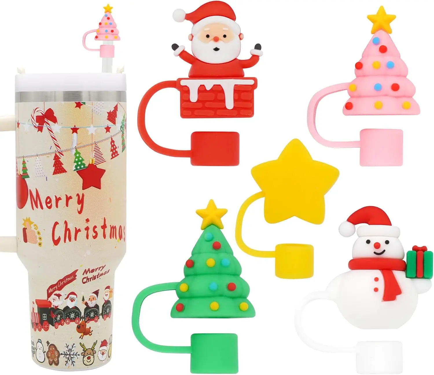 2024 hot sale  wholesale 10mm silicone christmas straw covers cap for stanley cup 40 oz