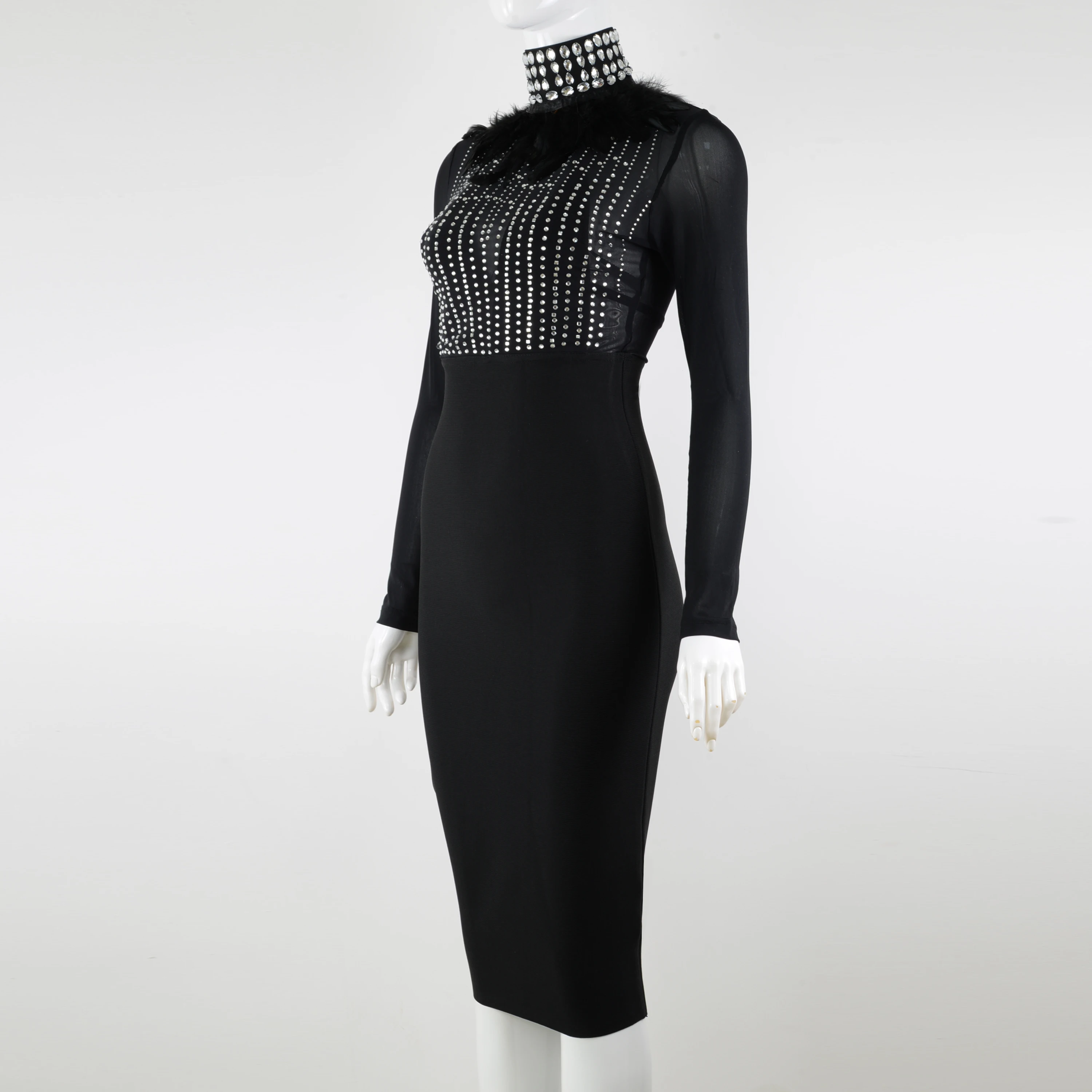 Модное Элегантное прозрачное вечернее женское платье со стразами и высоким воротником платье миди с длинным рукавом и перьями