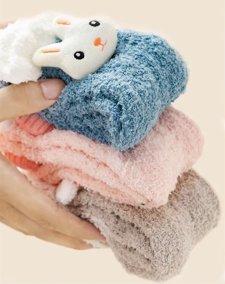 Домашние носки из кораллового флиса милые женские Уютные теплые носки для сна с бантом и кроликом