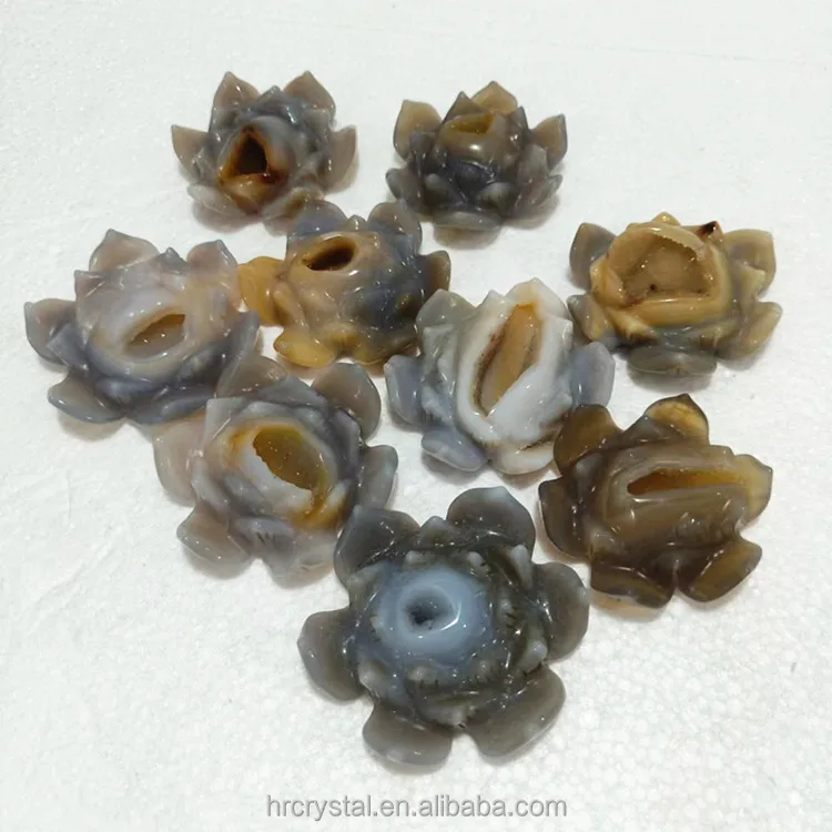 023 Semi-precious Stone Crafts Gemstone Druzy Agate Lotus Healing Geode Crystal Flowers Carving