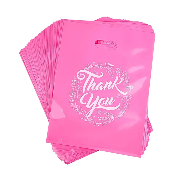 2 Mil LDPE Recyclable Shopping Bags 12x15 Die Cut Heat Seal Handle Gusset Type Grocery Industrial Use Thank You Logo Pink