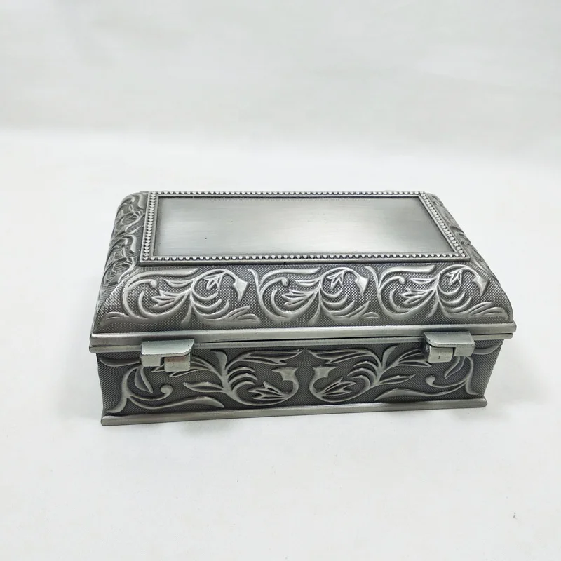 Zinc alloy medium rectangle jewelry box with classical flower patternin in pewter plated