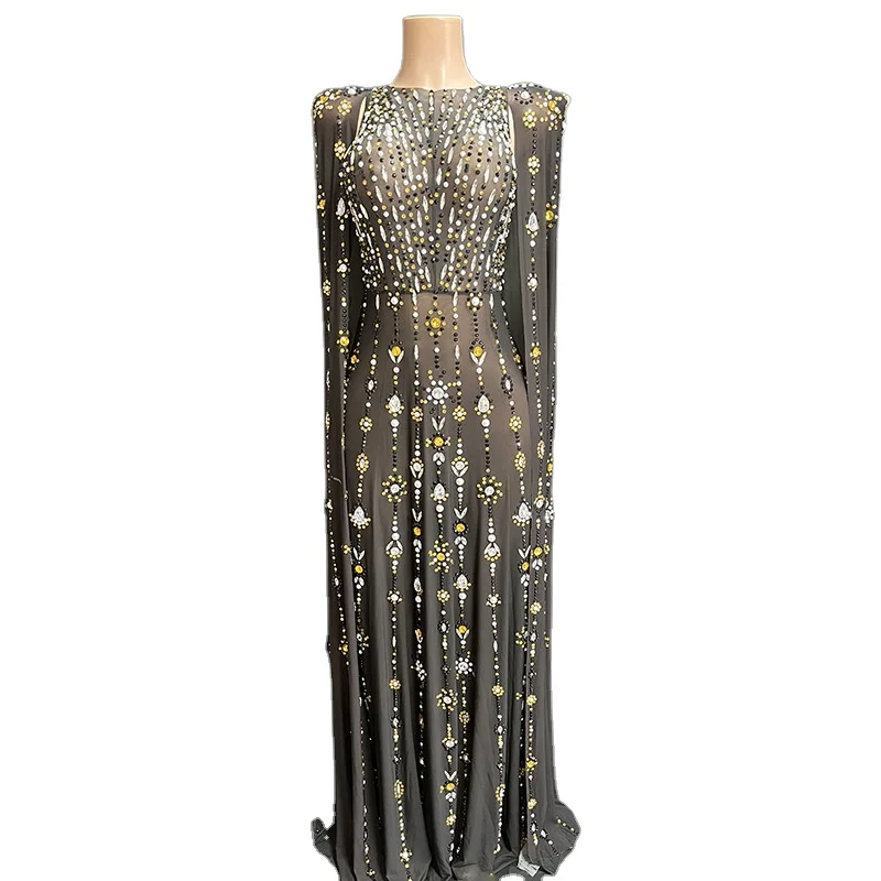 Women Long Evening Gowns Sexy Elegant Muslim Rhinestones Trailing Shoulder Pads  Long Sleeve Dresses