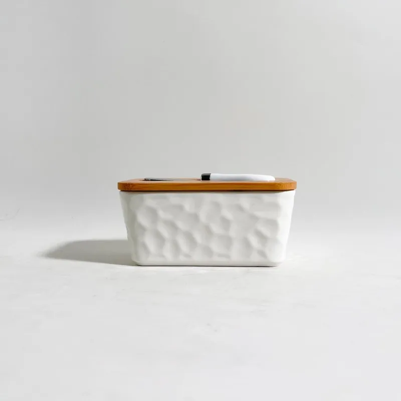 Wholesales Custom Hot Sale Rectangular Ceramic Butter Dish Keeper With Bamboo Lid And Knife For Bake
