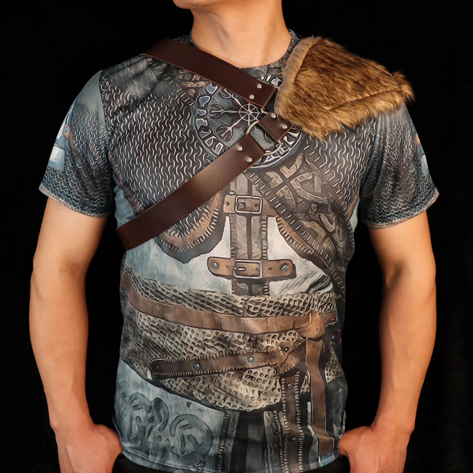 Medieval Knight Shoulder Armor Cover Adjustable Black Buckle Steampunk Faux Fur Cape Shawl with Leather Straps