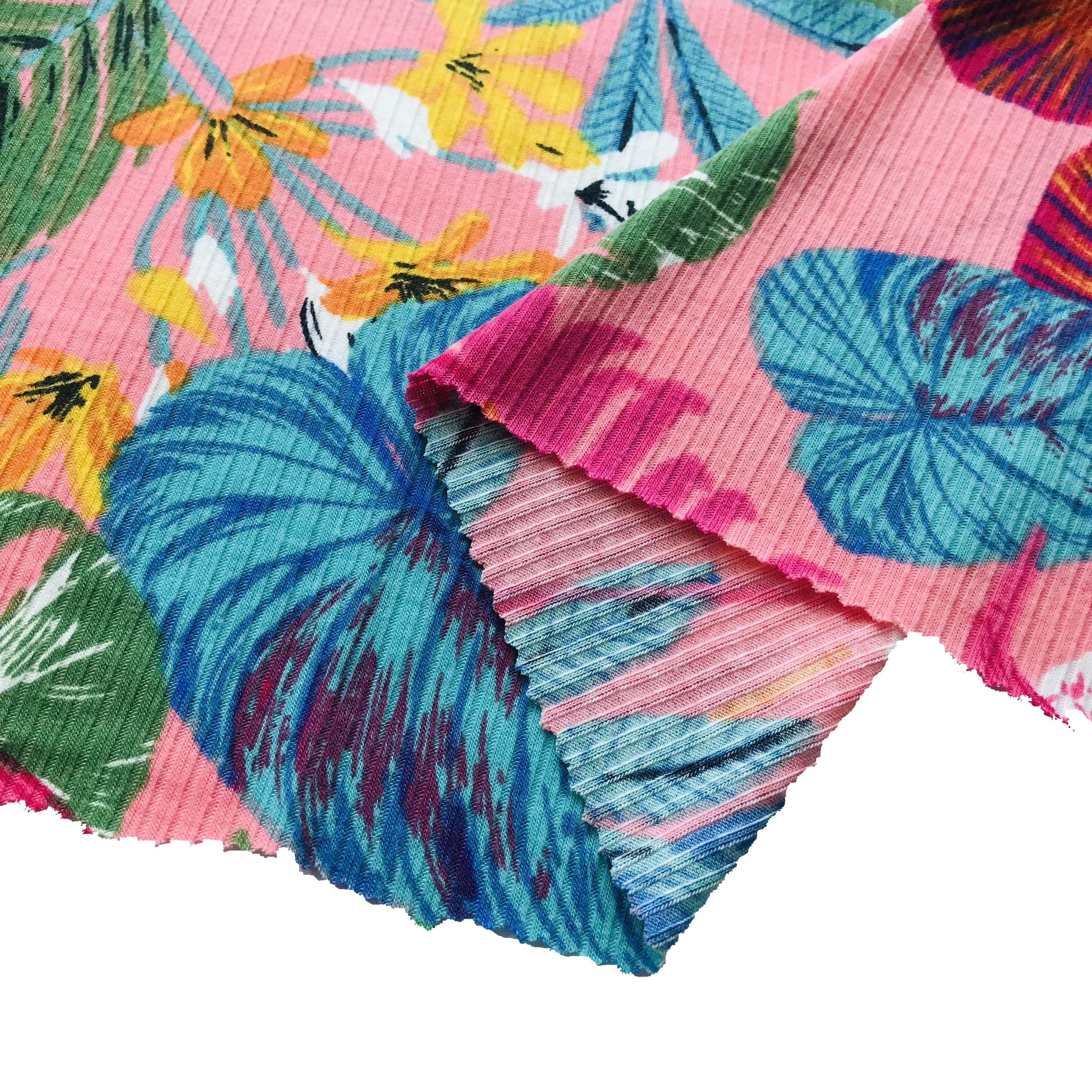 Shaoxing Rib Printed Fabrics Textiles 96%polyester 4%sp 4*2 Screen Printing Free 100% Polyester Weft Knitted Soft Hand Feel **