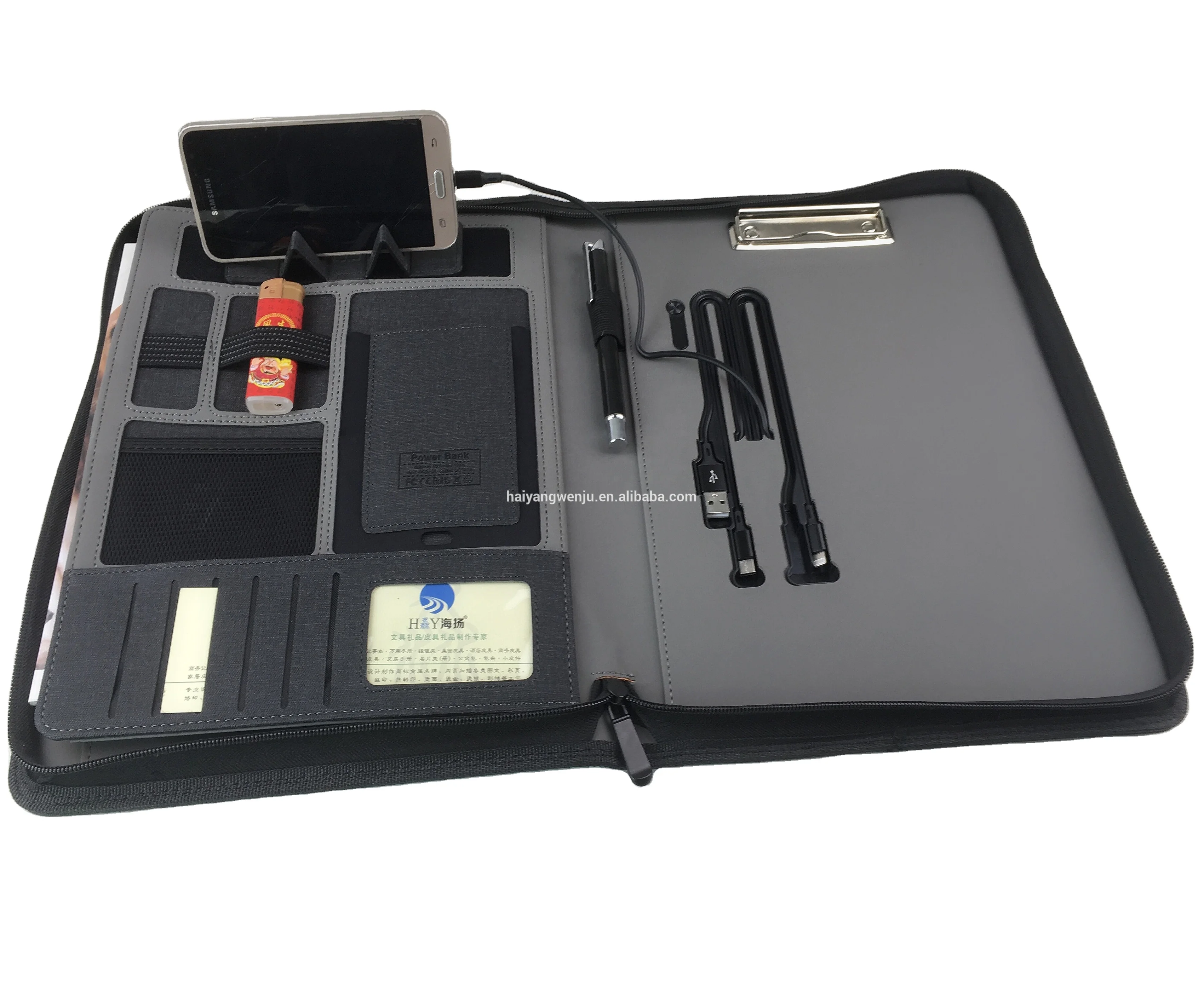 A4 PU leather Wireless Charging hand shank Business Portfolio with powerbank