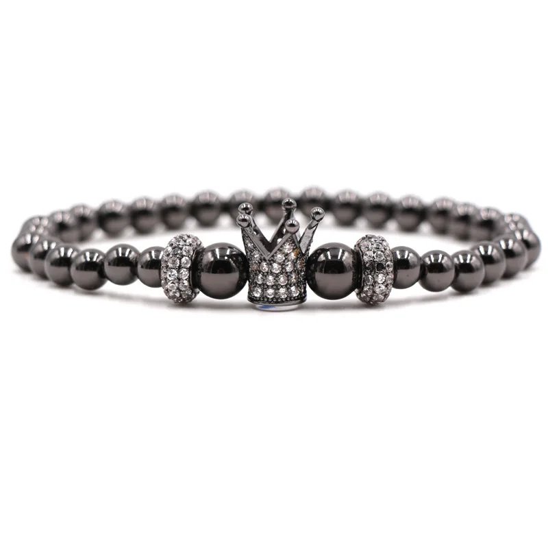 Fashion Black Silver Gold Colors Elastic String Copper Bead Micro Pave CZ Crown Charm Double Tire Bracelets For Male and Female