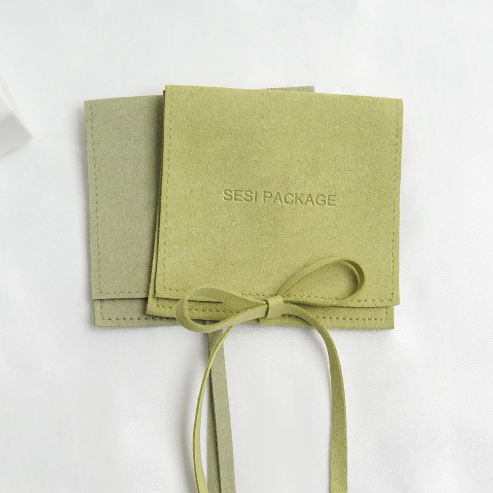 Deboss Logo Custom Stamped Luxury Green Suede Microfiber Jewelry Packaging Bag Pouch With Ribbon For Fashion Girl Women Gift