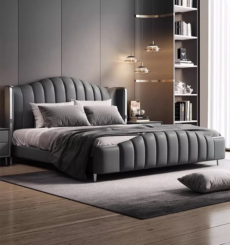Home bedroom leather king size bed, master bedroom cushioned bed, double king size metal bed