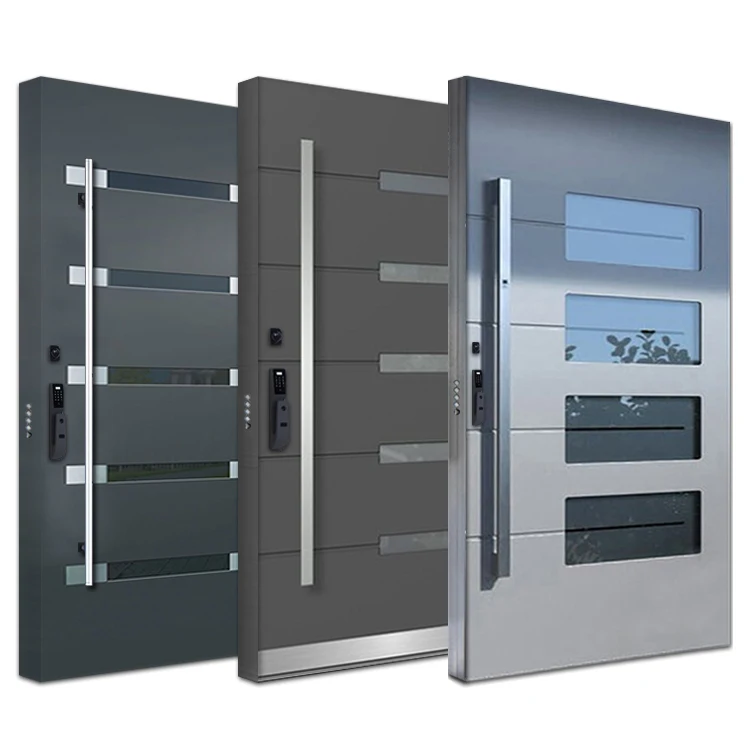 Residential house villa exterior main entrance burglar-proof safety flat stainless steel door with grill design