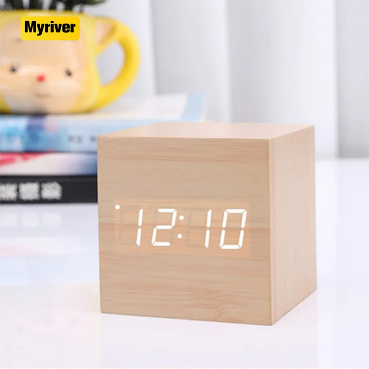 Myriver Wood Digital Alarm Clock Led Time Display Cube Clocks With Usb For Bedroom Desk Office Desk Decoration
