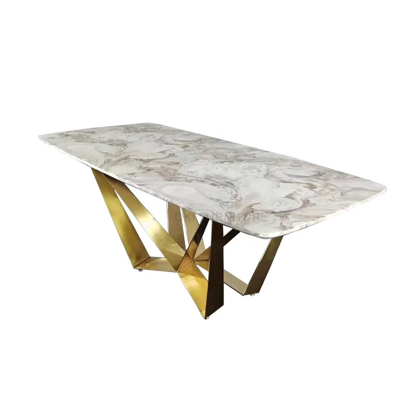 modern dining room fancy unique luxury gold stainless steel metal crossed leg stone marble dining table 8 seater