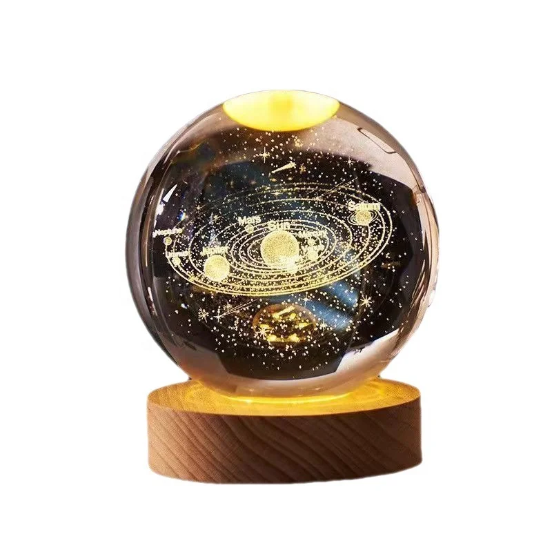 3D Engraved Crystal Galaxy Ball Kids Birthday Gift Glass Etached Astronaut Solar System Ball LED Night Lights With  Wood Base